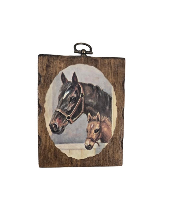 Vintage Horse Print on Wooden Panels, Mare and Foal