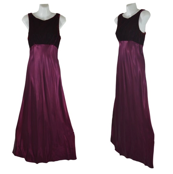 1990s Maroon Velvet and Satin Sleeveless Empire W… - image 1