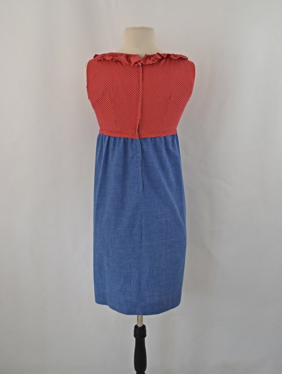 1970s Red and White Polka Dot and Chambray Sleeve… - image 6