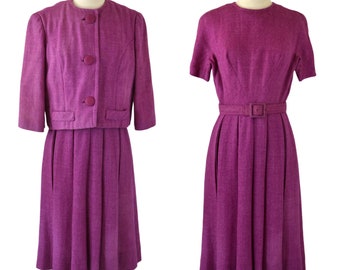 1960er Jahre Set Lila Tweed-Kleid und Jacke von Herbert Schneider, Jackie O inspiriert