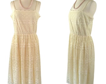 1970s Ivory Lace Overlay Spaghetti Strap Sundress, Alternative Wedding Gown