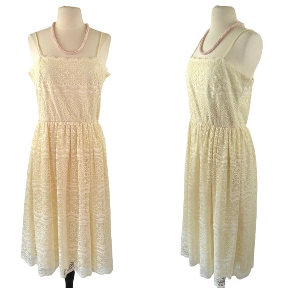 1970s Ivory Lace Overlay Spaghetti Strap Sundress… - image 1