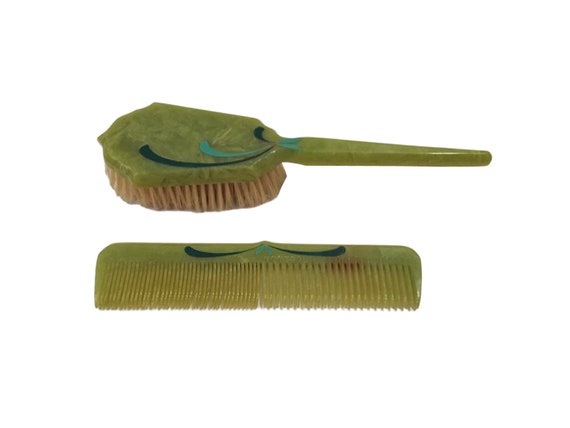 Vintage Green Vanity Set with Brush and Comb Victorian Style Celluloid Vanity Set: Green Pearlescent  main image 4