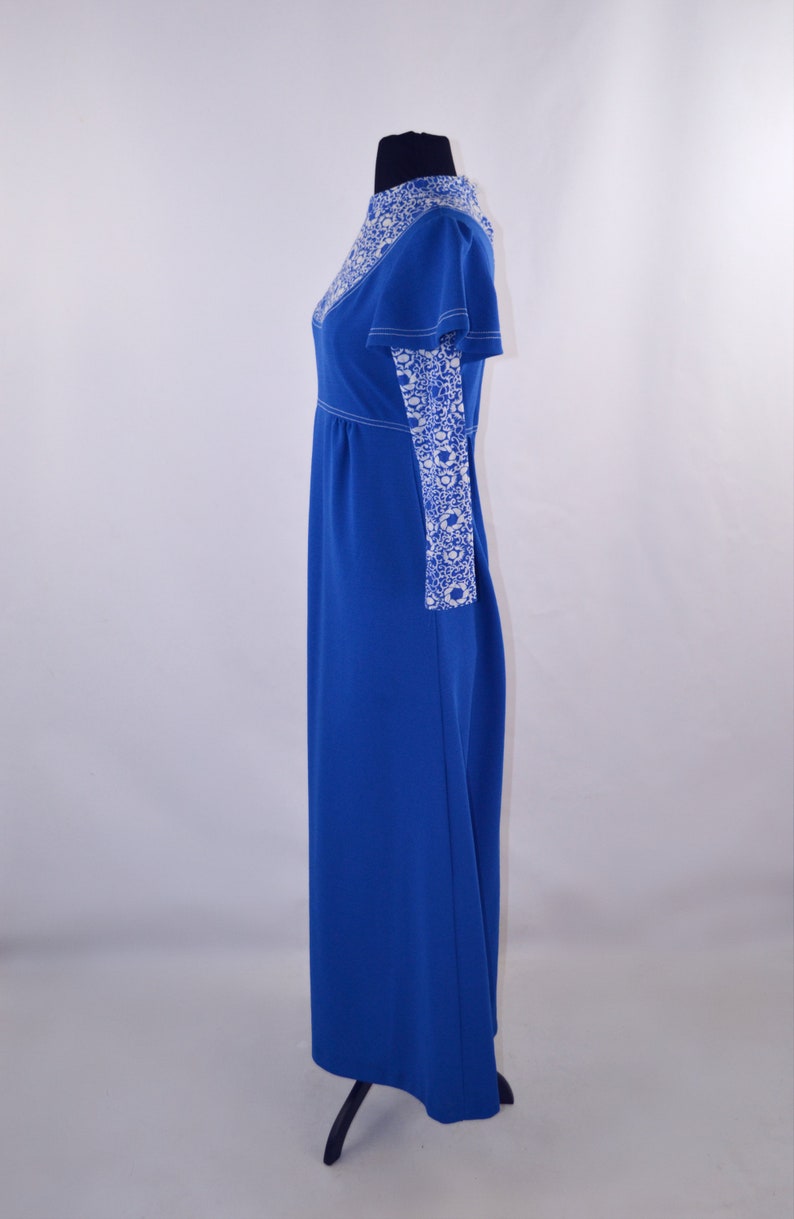 1970s Cerulean Blue and White Long Sleeve Maxi Dress, Full Length image 5