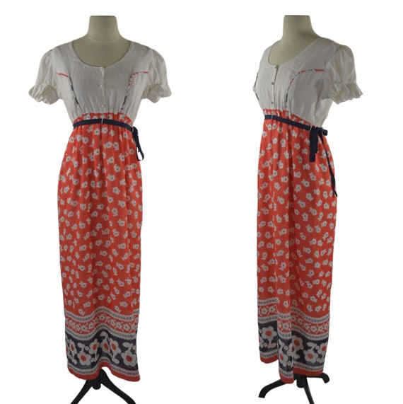 1970s Boho/Peasant Coral and White Flower Dress b… - image 1