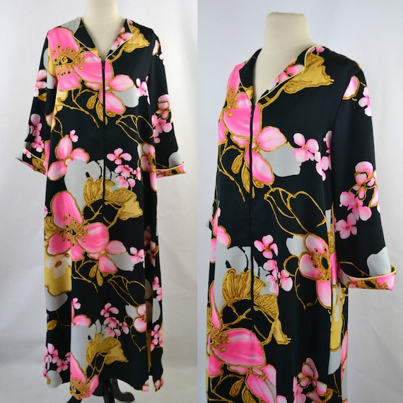 1980s Black Kimono Robe, Large Pink, Gold and Whit