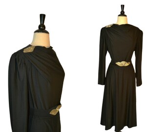 1970s Black Cocktail Formal Dress by Darcy, Draping Collar, Long Sleeve, LBD