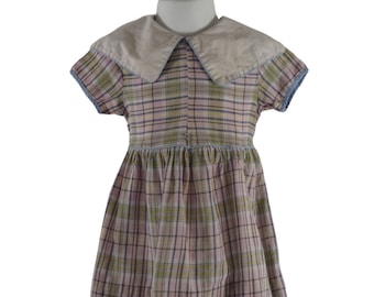1960s/1970s Toddler Girl Pink, Yellow, Blue and Black Plaid Dress, Size 24 Months - 2T