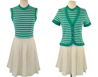 1960s/1970s Green and White Stripe Knit and Linen Dress Sweater Set by Jane Justin for Don Sophisticates