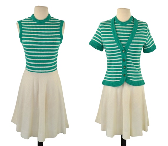 1960s Green Stripe Knit Dress Set, Linen Skirt - image 1
