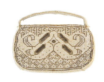 Vintage 1920s Czech Art Deco Seed and Tubular Beaded Purse, Flapper Wristlet