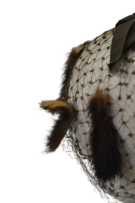 1950s Vintage Mink Fur Birdcage Veil Hat, Brown Fascinator 