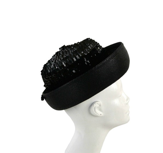 1960s Black Breton Straw and Ruched Hat by Origin… - image 1