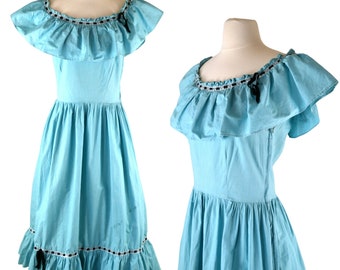 Vestido de patio azul sin mangas de la década de 1950, vestido de porche, ropa de rancho, baile cuadrado