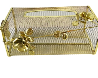 1960s Gold Tone Wire Mesh Tissue Box Holder, Hollywood Regency Retro, Bathroom Decor