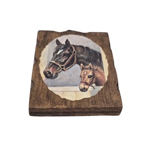 May include: A wooden plaque featuring a painting of a dark brown horse and a light brown foal. The horses are wearing leather halters and are set against a light blue background. The plaque has a rustic, irregular edge.