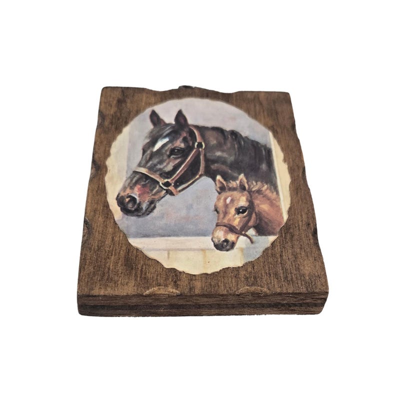 May include: A wooden plaque featuring a painting of a dark brown horse and a light brown foal. The horses are wearing leather halters and are set against a light blue background. The plaque has a rustic, irregular edge.