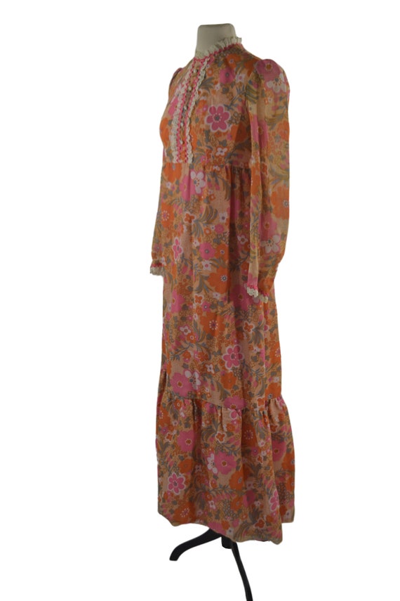 1970s Orange and Pink Stylized Floral Maxi Dress,… - image 3