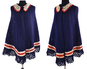 1970s Red, White and Blue Knit Bicentennial Cape/Shawl