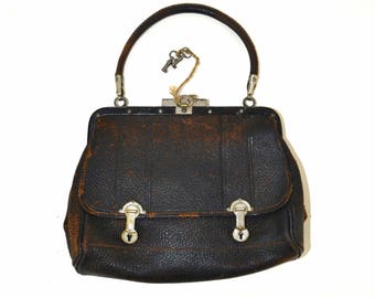 1910s Brown Leather Single Handle Handbag, Edwardian Purse, Real Leather, Needs TLC