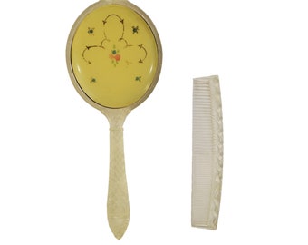 Vintage Oval Yellow Back Hand Held Mirror and Comb Set, Vanity, Dressing Room, Needs TLC