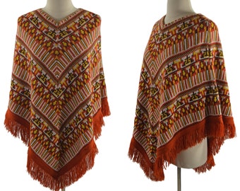 1970s Orange, Brown, Yellow and White Boho Fringe Knit Poncho/Cape by Ship'n Shore