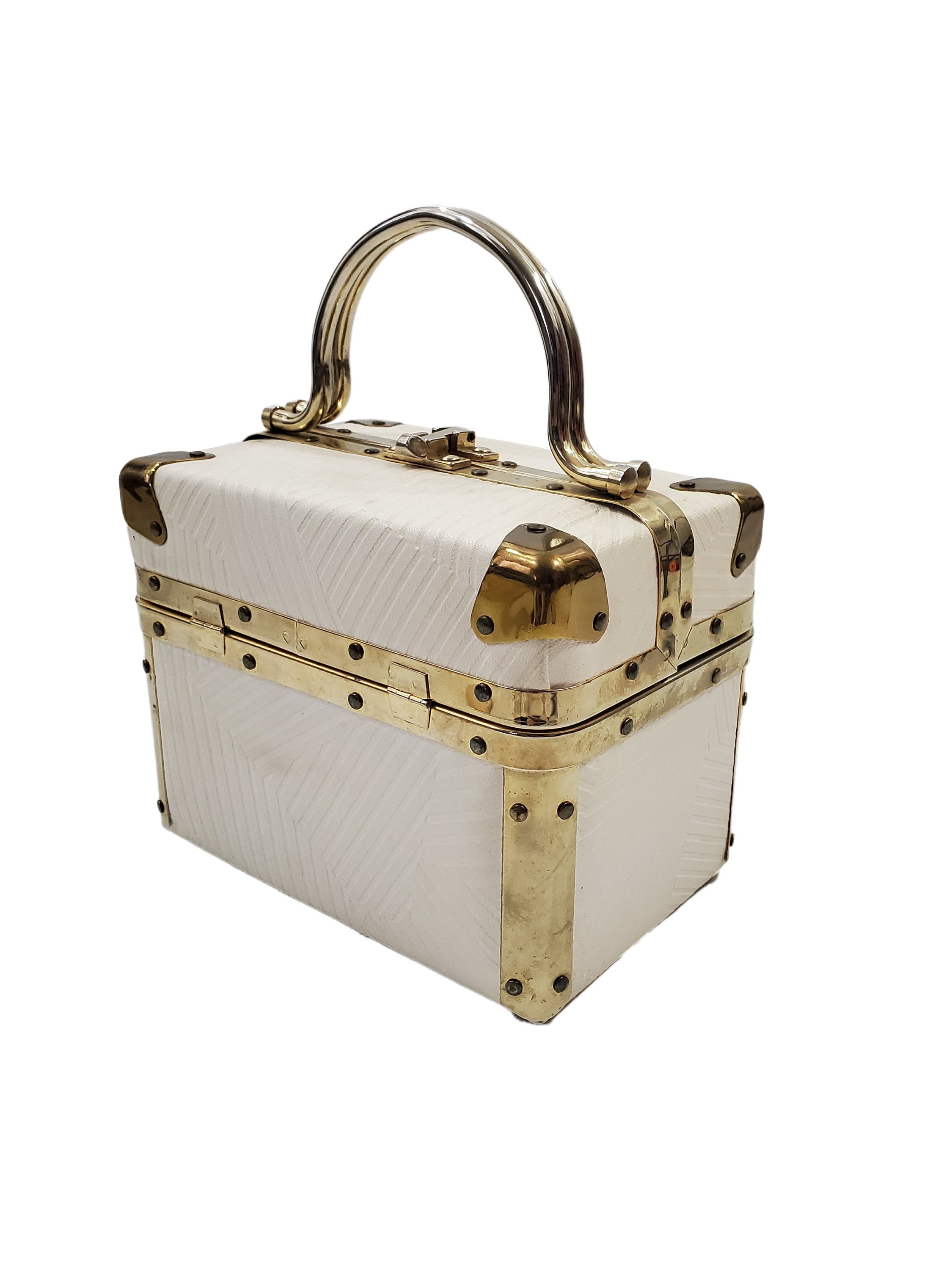 1960s White and Gold Box Handbag by Delill Make up Bag 