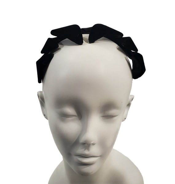 1950s Black Velvet and Satin Bow Headband Hat, Fa… - image 2