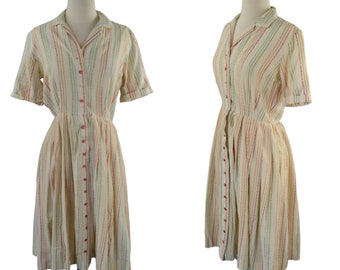 1950s Ivory Shirtwaist Dress with Embroidered Vertical Stripes by Bobbie Brooks
