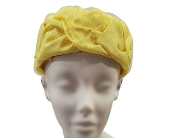 1960s Yellow Floral Bloom Pillbox, Bubble Hat, Veil with Polka Dots