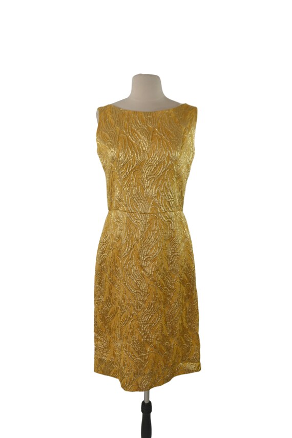 1960s Gold Damask Lame Sleeveless Dress Gem