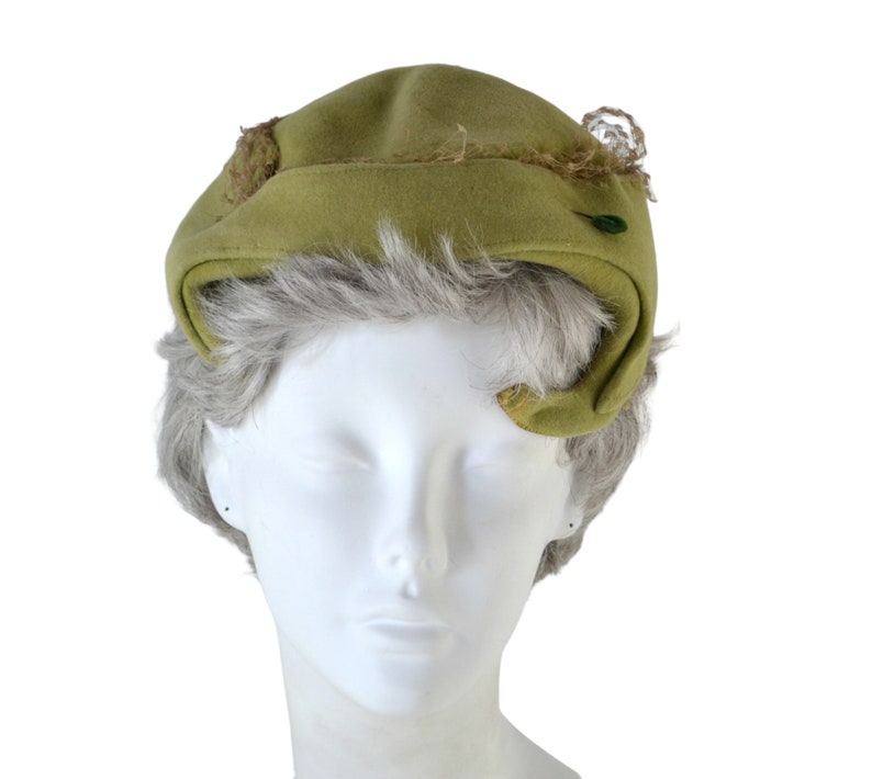 1950s Sage Green Imported Velour Fascinator/Cocktail Hat by Lisette Hochschild Kohn and Co image 1
