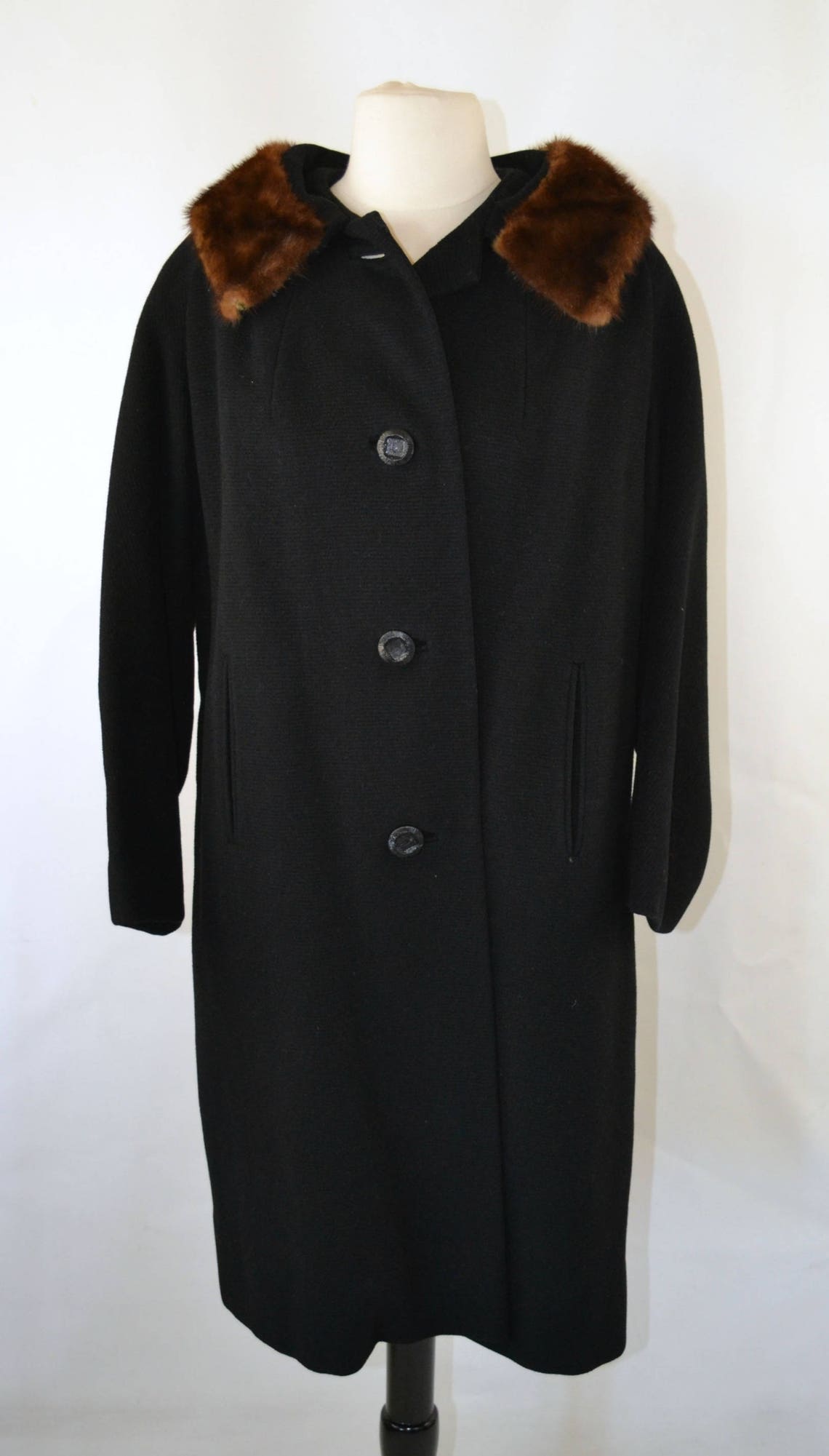 1950s Black Wool Winter Coat With Real Mink Fur Collar by - Etsy