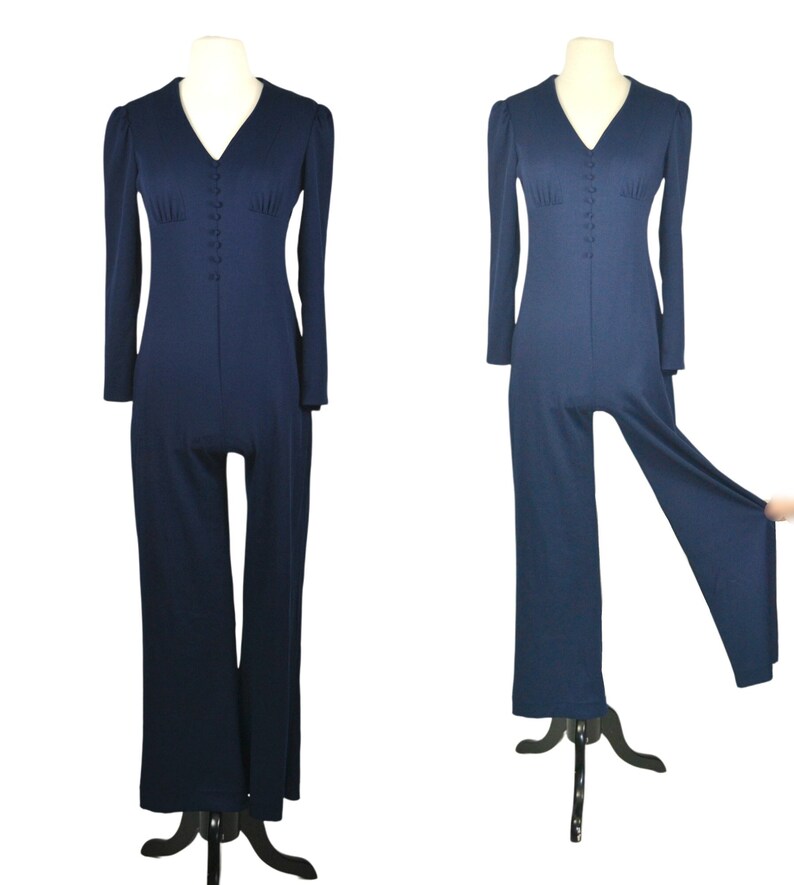 1970s Dark Blue Jumpsuit, Pants, Disco, Romper, Polyester, Small image 1