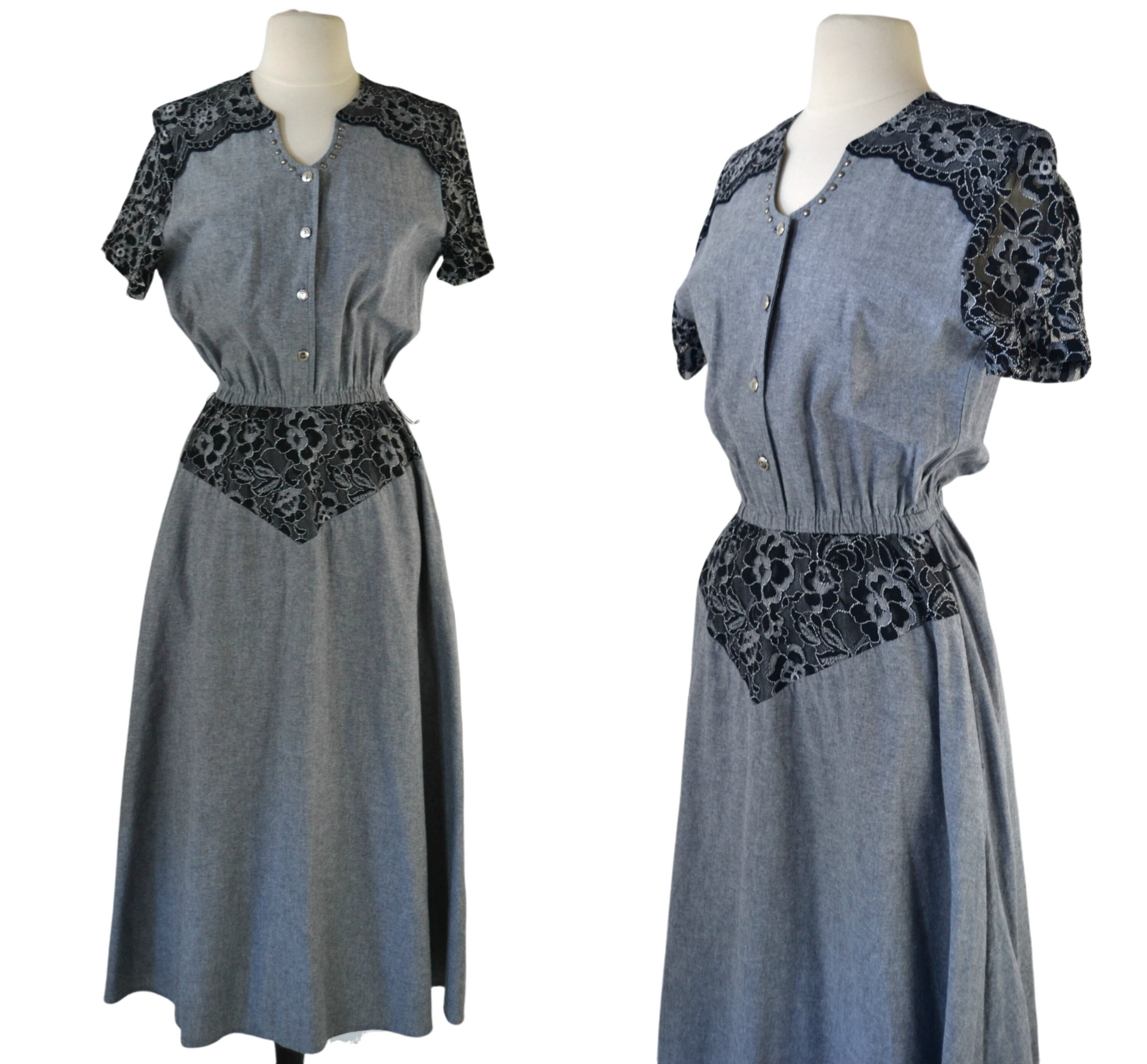 ワンピース Lace Trimmed Chambray Dress Vintage Girls Blue Chambray Dress With Eyelet Lace Trimmed