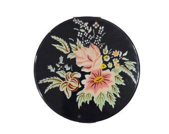 1960s Black Enamel Floral Makeup Powder Compact by Elgin American