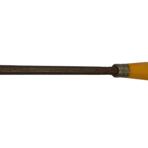 May include: A wooden tool with a yellow plastic handle. The tool has a pointed tip and a long, thin shaft.
