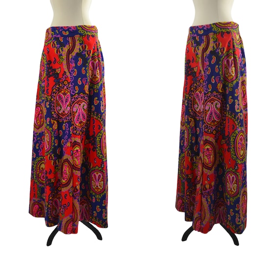 1970s Red and Purple Paisley Psychedelic Maxi Ski… - image 1