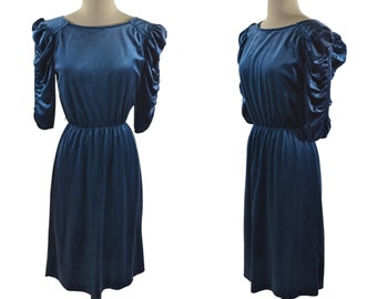 1980s/1990s Blue Velveteen Formal Dress with Ruched Sleeves