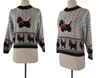 1980s Girls Black and White Scottish Terrier Pullover Sweater by Hot Fudge