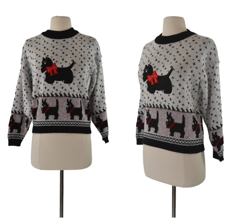 1980s Girls Black and White Scottish Terrier Pullover Sweater by Hot Fudge image 1