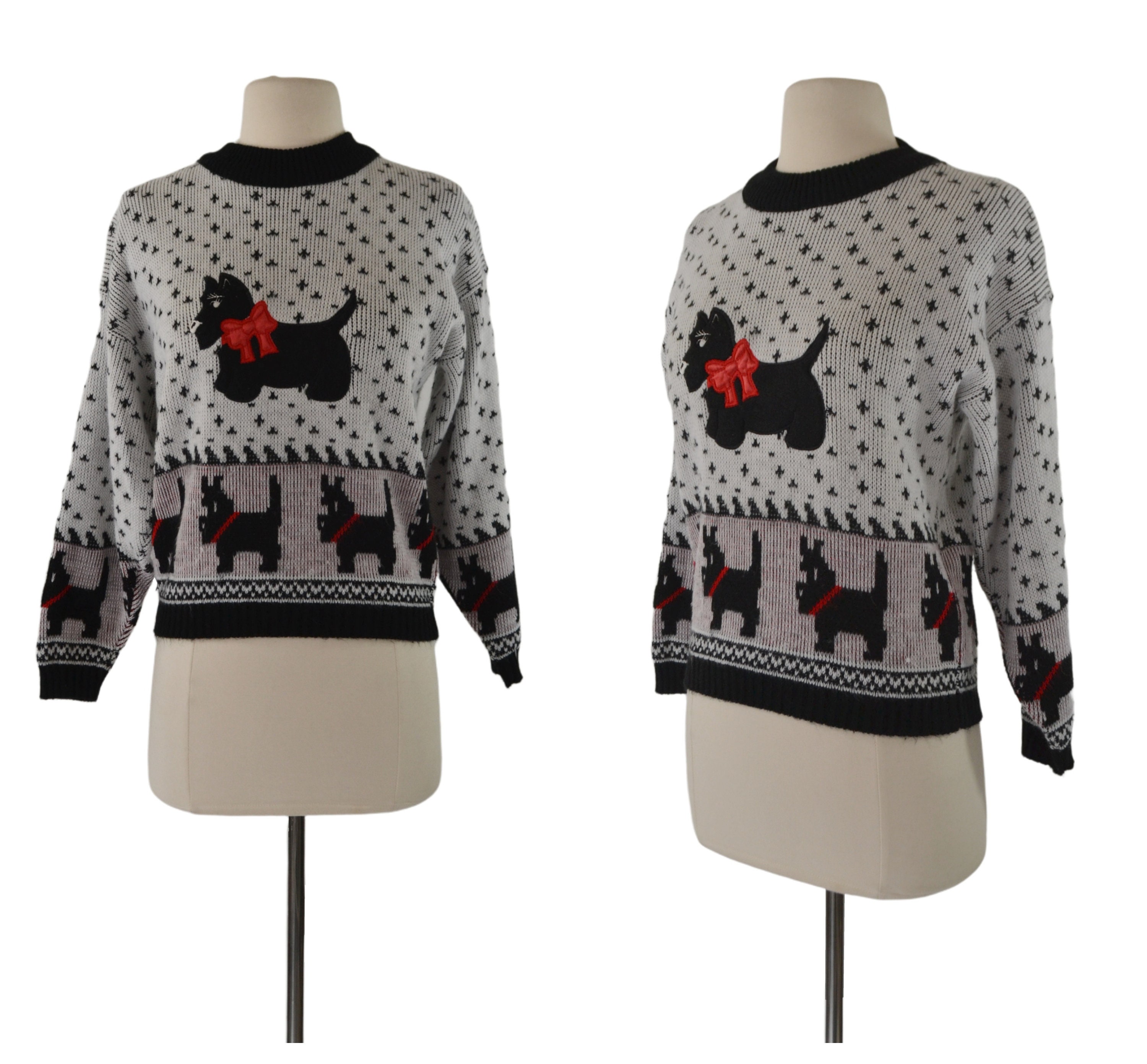 1980s Girls Black and White Scottish Terrier Pullover Sweater by Hot Fudge