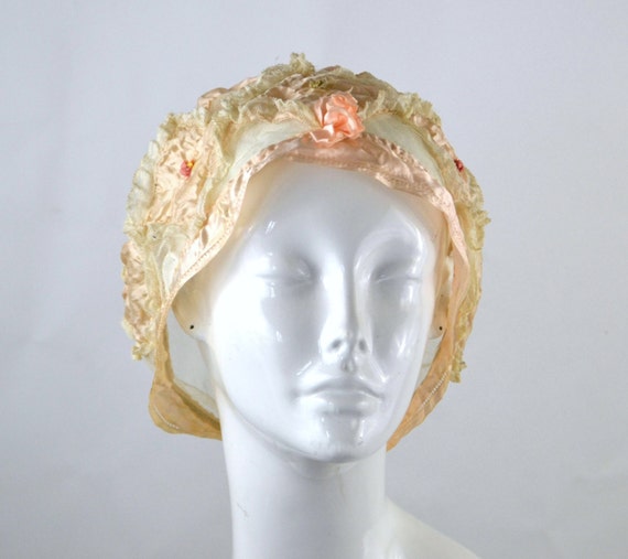 Antique Victorian Peach Silk Boudoir Cap, Handmad… - image 3