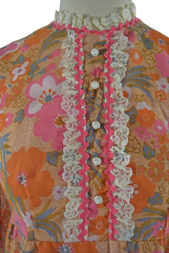 1970s Orange and Pink Stylized Floral Maxi Dress,… - image 8