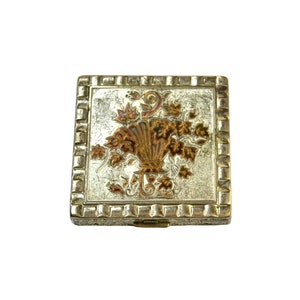 1960s Silver and Gold Tone Flower Basket Design Makeup Powder Compact by Majestic