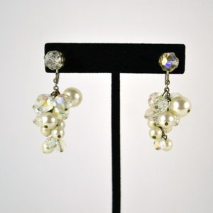 Vintage Faux Pearl and Clear Faceted Bead Grape Cluster Dangle Earrings image 1