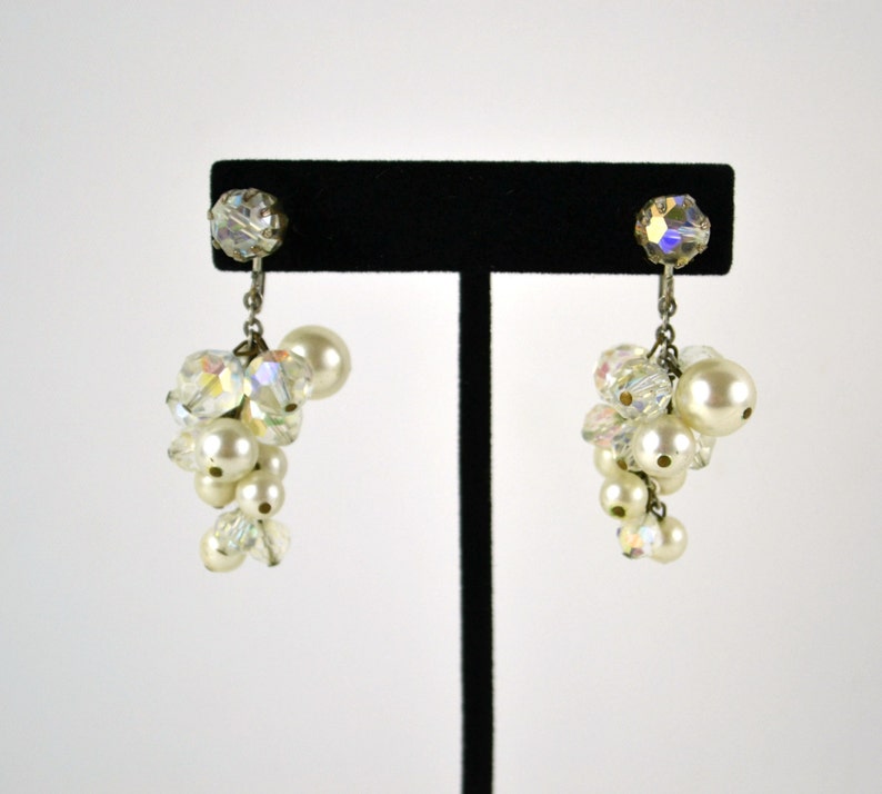 Vintage Faux Pearl and Clear Faceted Bead Grape Cluster Dangle Earrings image 1