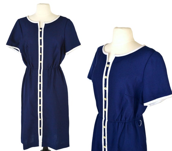 1960s Dark Blue Shirtwaist, A-line, Tea Length Dr… - image 1