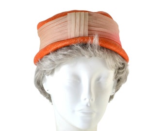 1960s Orange Straw Cloche Hat with Ombre Nylon Band, Toque Hat
