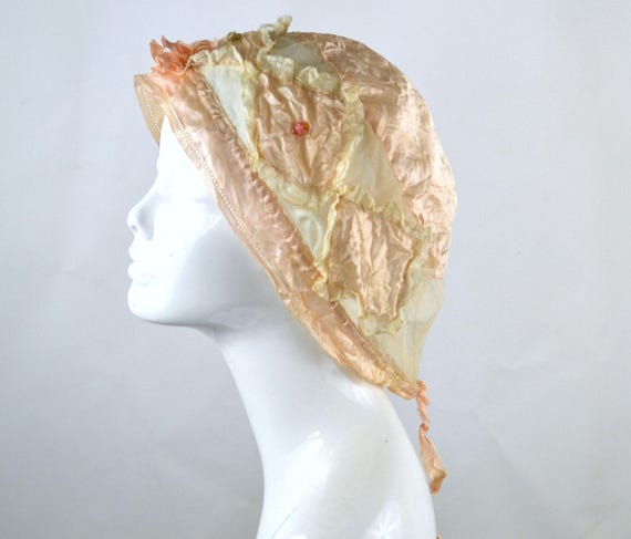 Antique Victorian Peach Silk Boudoir Cap, Handmad… - image 2